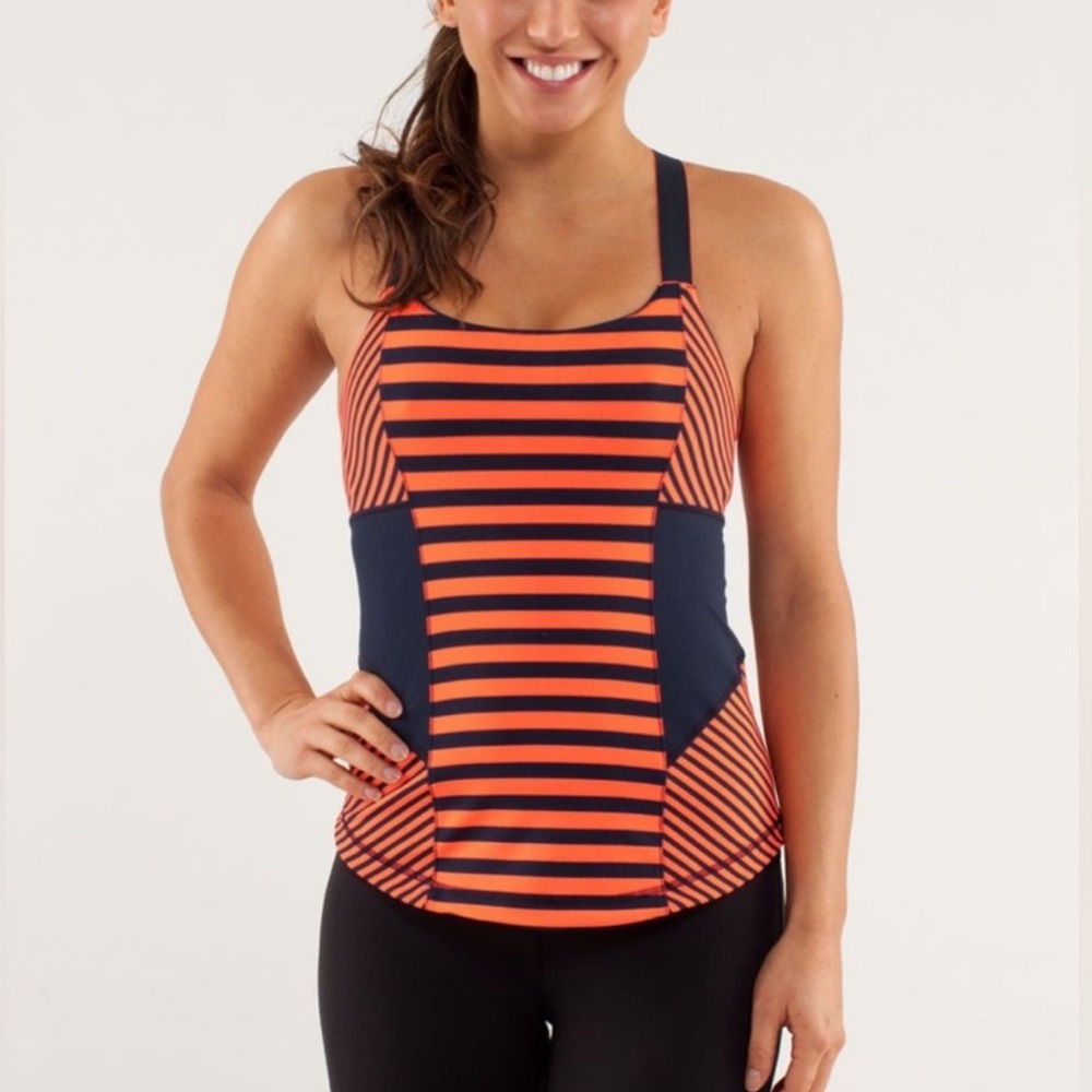 Lululemon Orange and Navy Striped Criss Cross Back Athletic Bra Tank Top Size 8